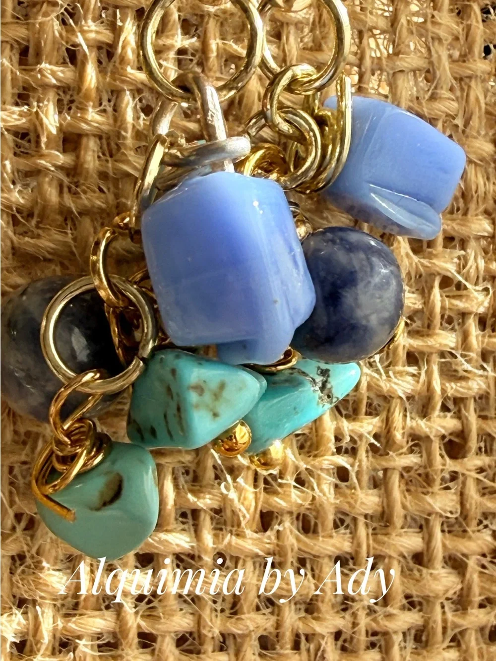 Gold Hoop Earrings with Turquoise, Light Blue aquamarine and Blue-Gray Beads